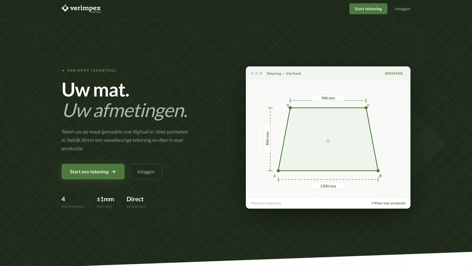 Verimpex Mat Designer — screenshot van de online tekentool